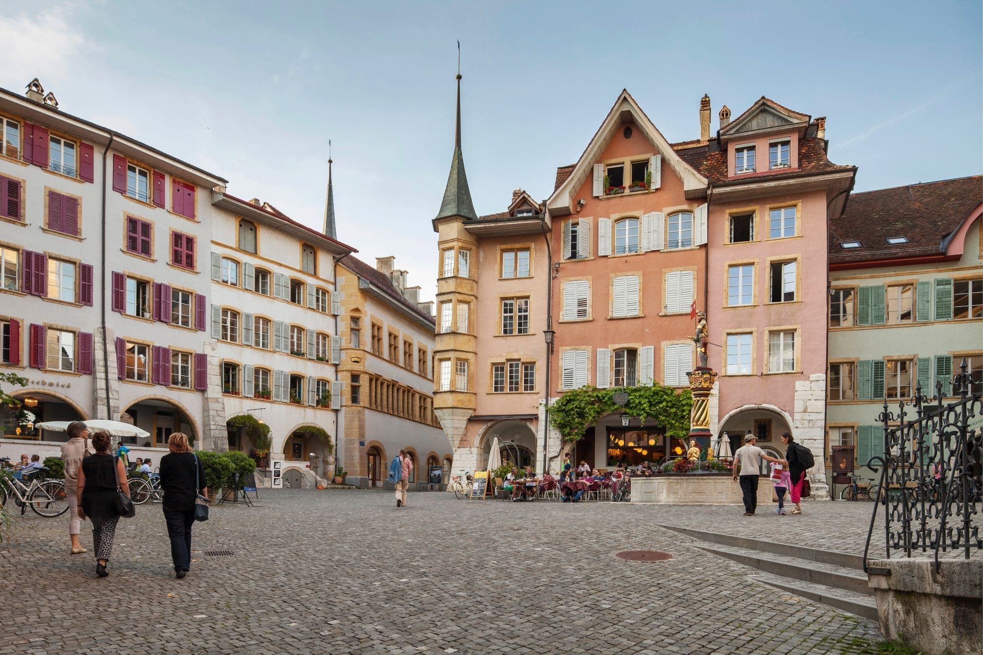 Biel city square with historic architecture and people