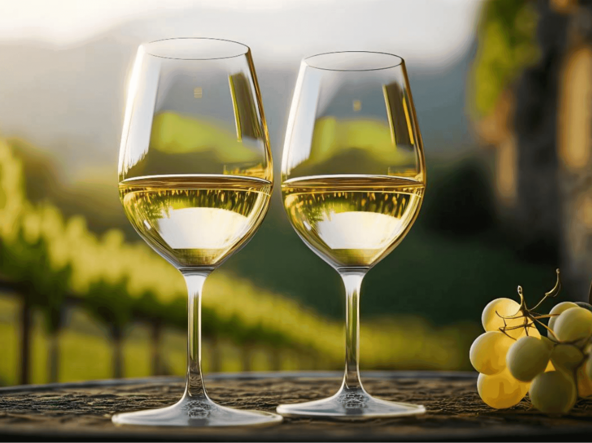 White wine in glasses in front of vines, its taste and the colors of the grapes are very popular.