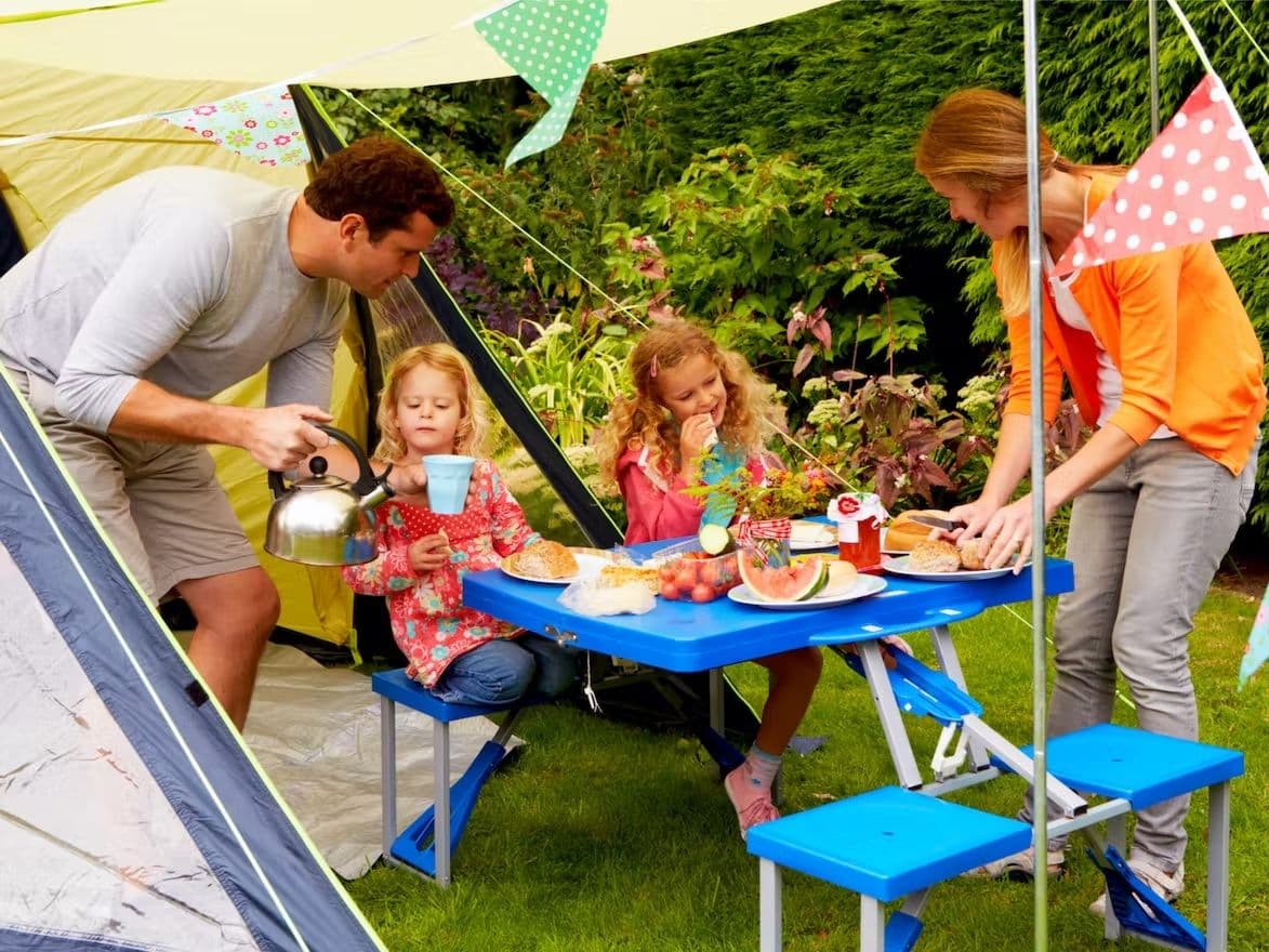 Rent camping gear in a family tent with food