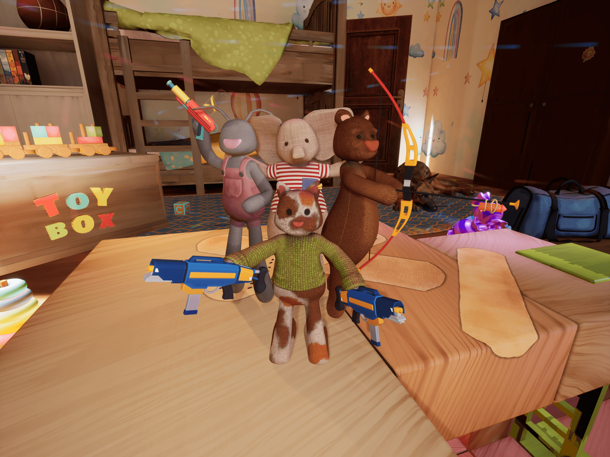 Plush Rush: Playing with plush toys in a colorful toy area full of adventures.