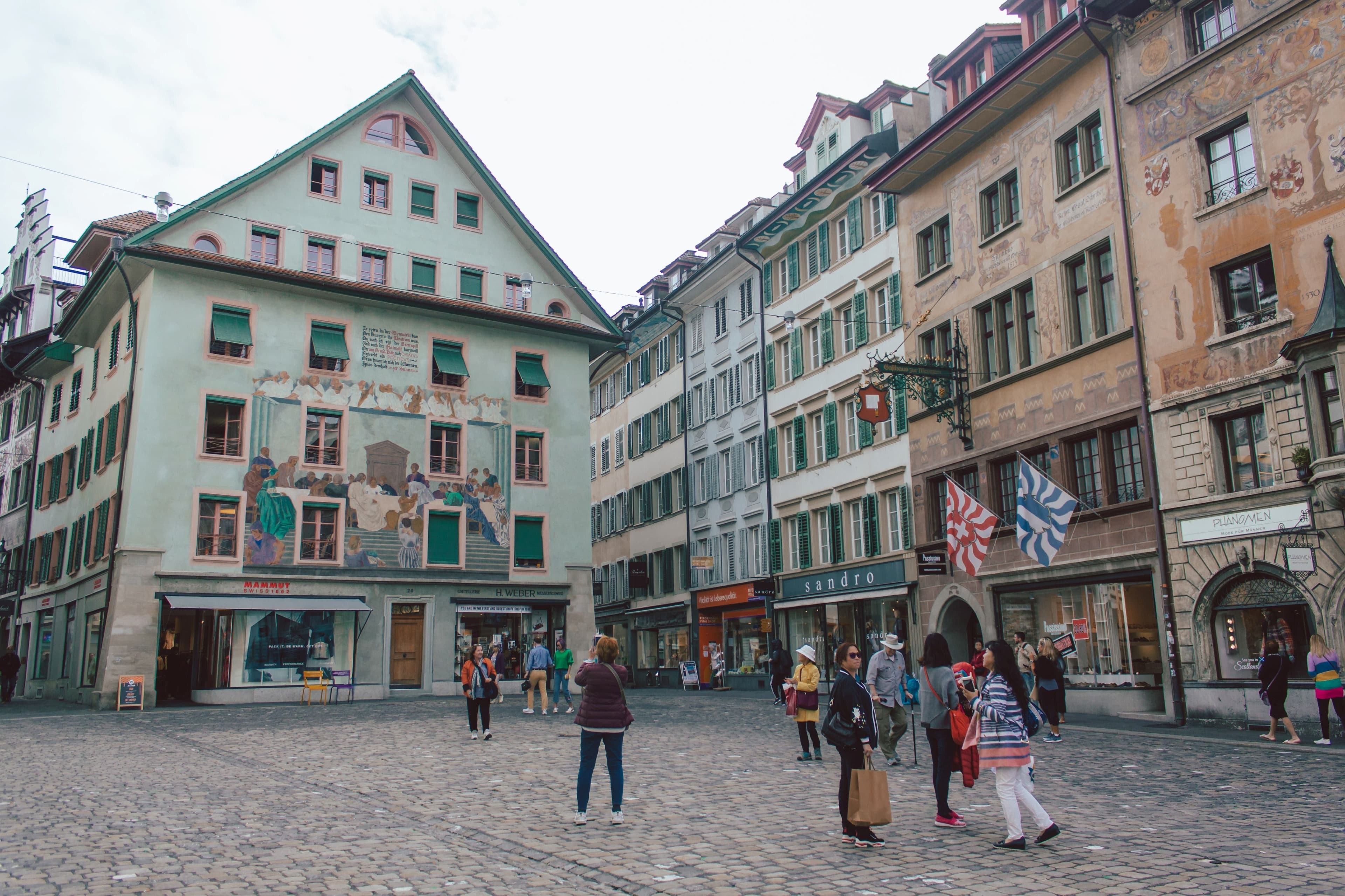 House facades at Weinmarkt in Lucerne with detailed painting
