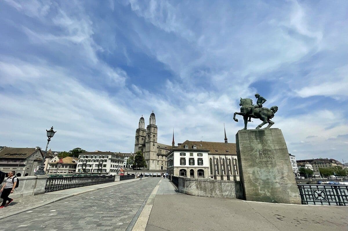 Zurich Old Town Minster with Equestrian Statue and Sky