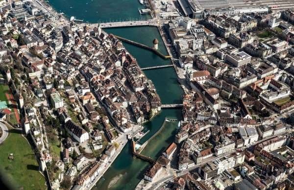 Lucerne from above shows river, bridges and neighborhoods.