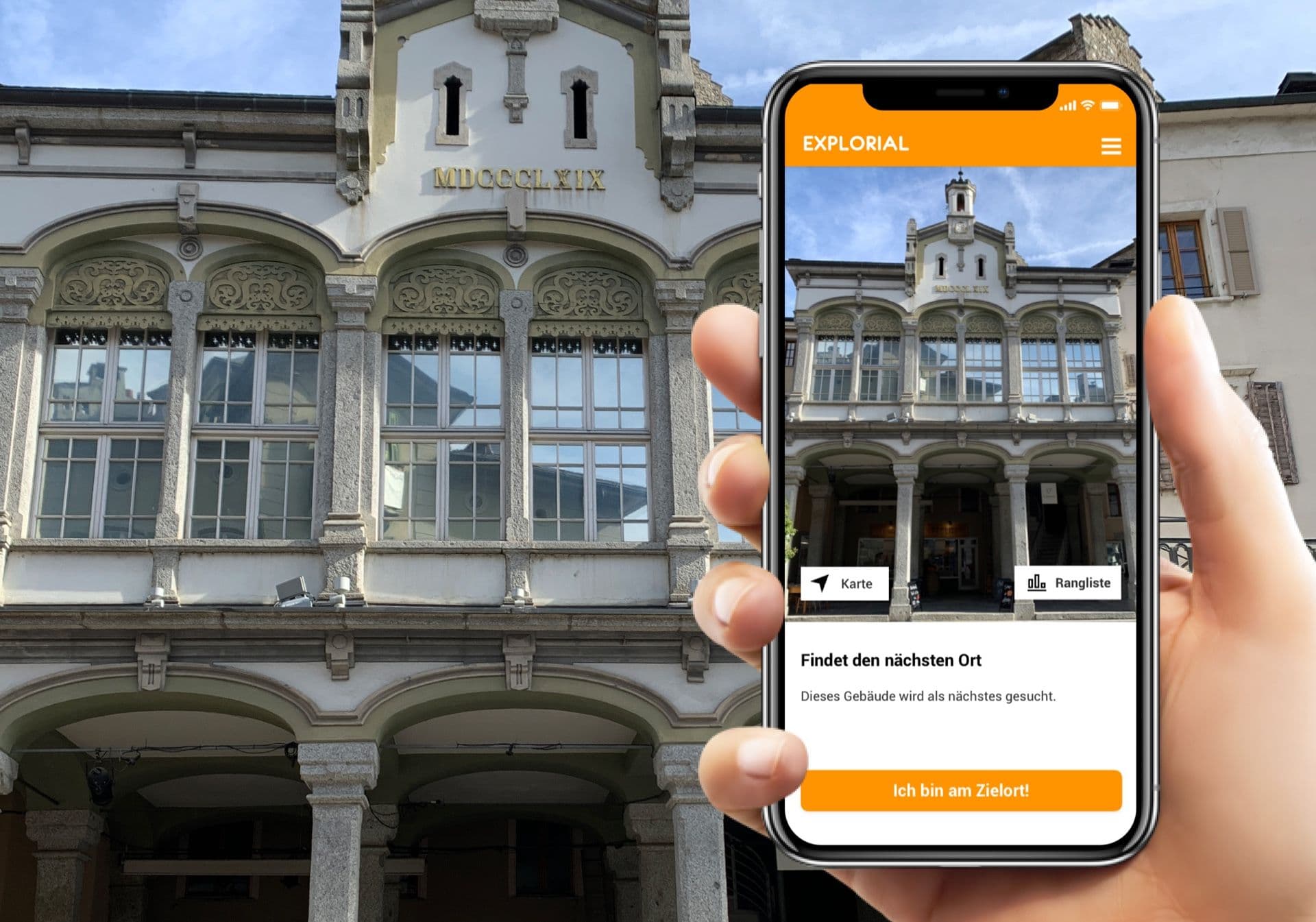Treasure hunt smartphone at the historical building in Sion, discover the city with interactive elements.